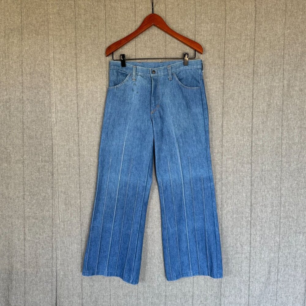 70s Vintage Sears Put On Shop Pin Tuck Blue Denim Bell Bottom Jeans Size Medium